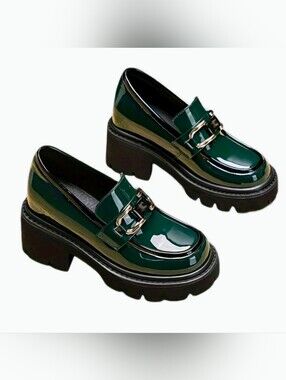 Chunky Green Patent Loafers with Gold Chain Accent